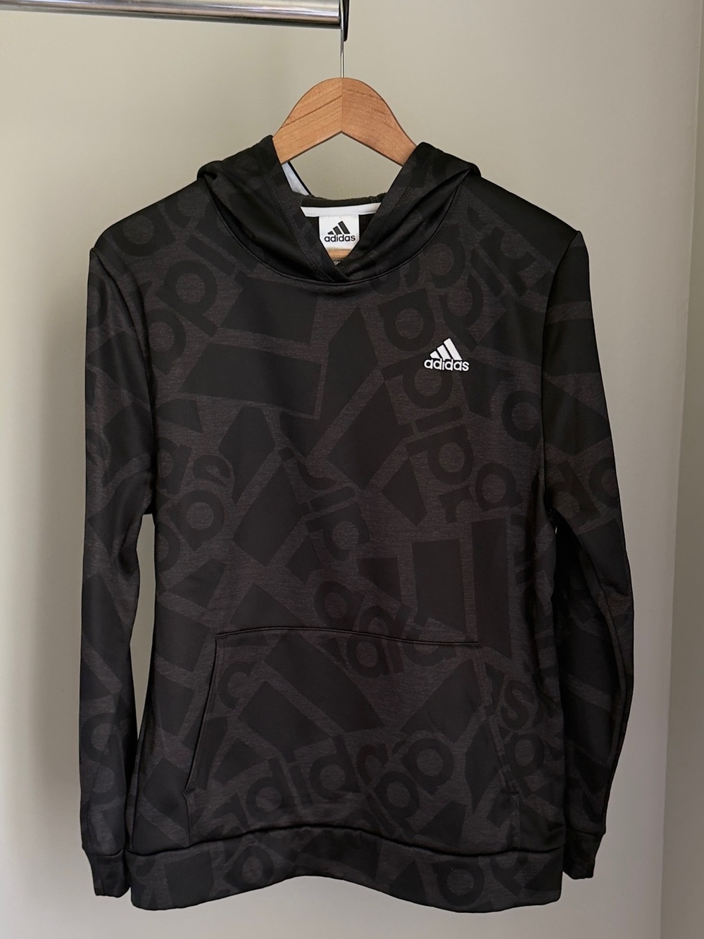 adidas Black Charcoal Allover Logo Hoodie Youth XL 18/20
